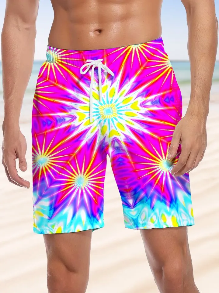 Alohadaddy Geometric Fluorescent Drawstring Pocket Casual Shorts