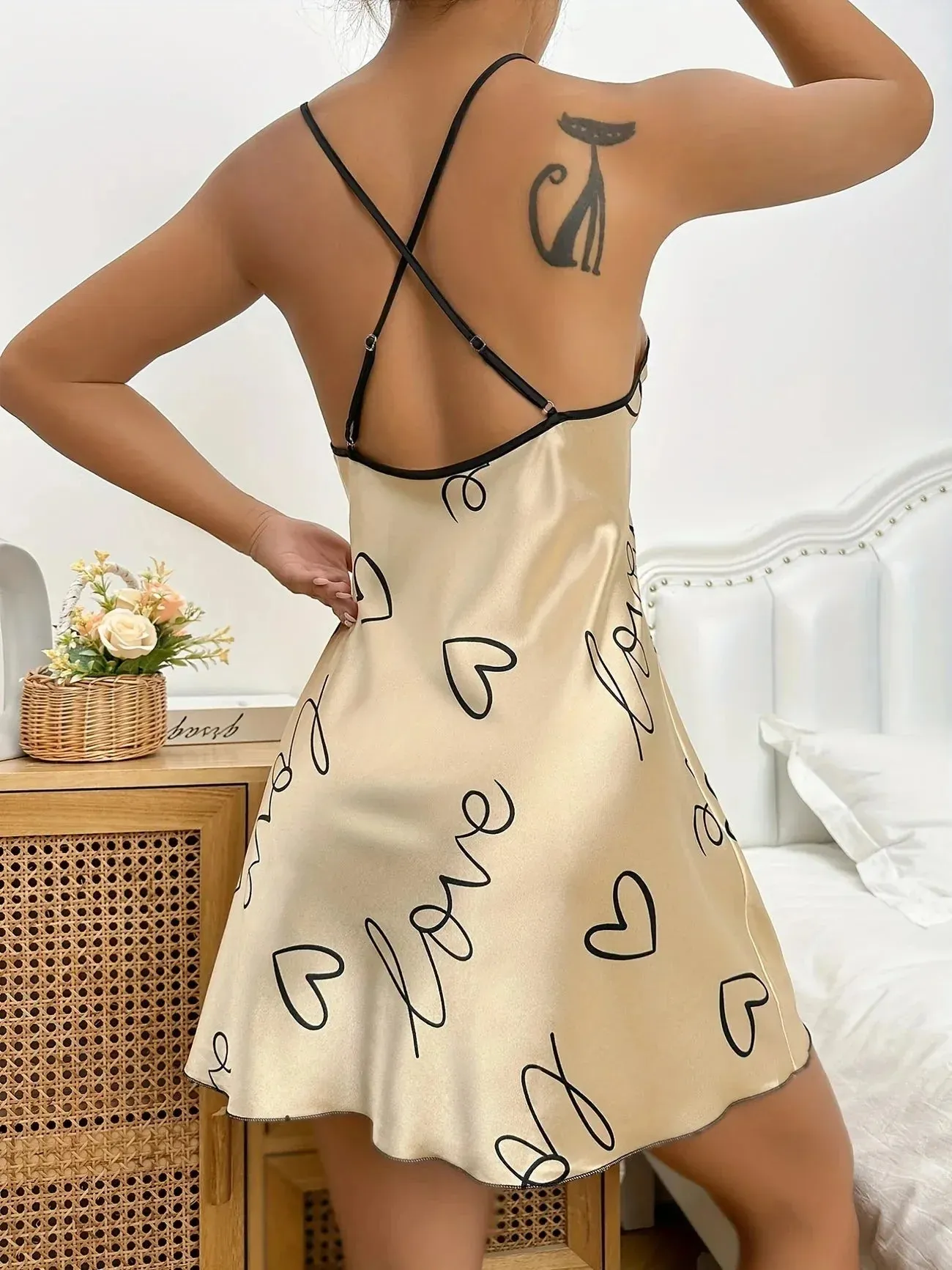 Amozae-nye outfits back to school dress  Love Heart Print Nightdress