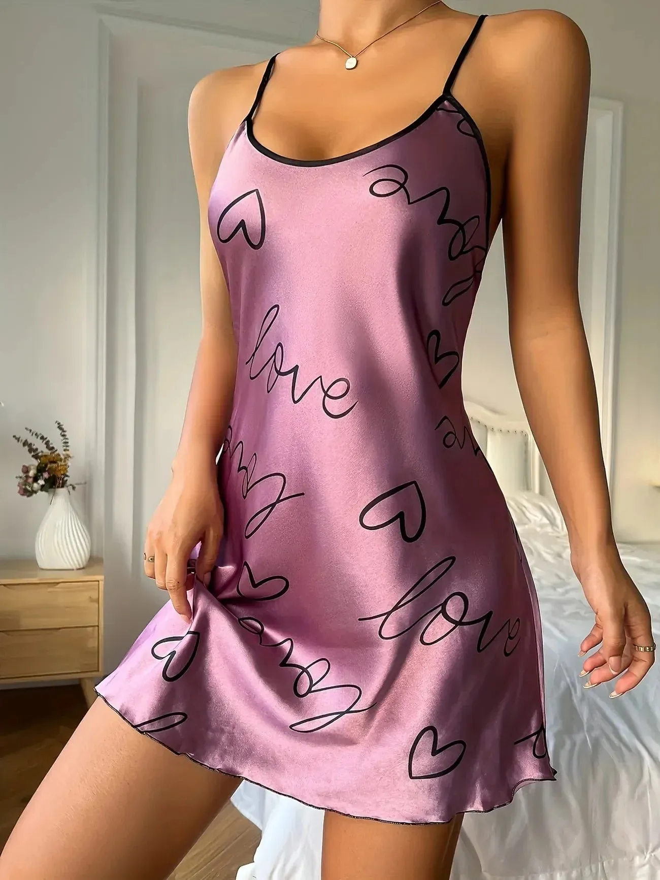 Amozae-nye outfits back to school dress  Love Heart Print Nightdress