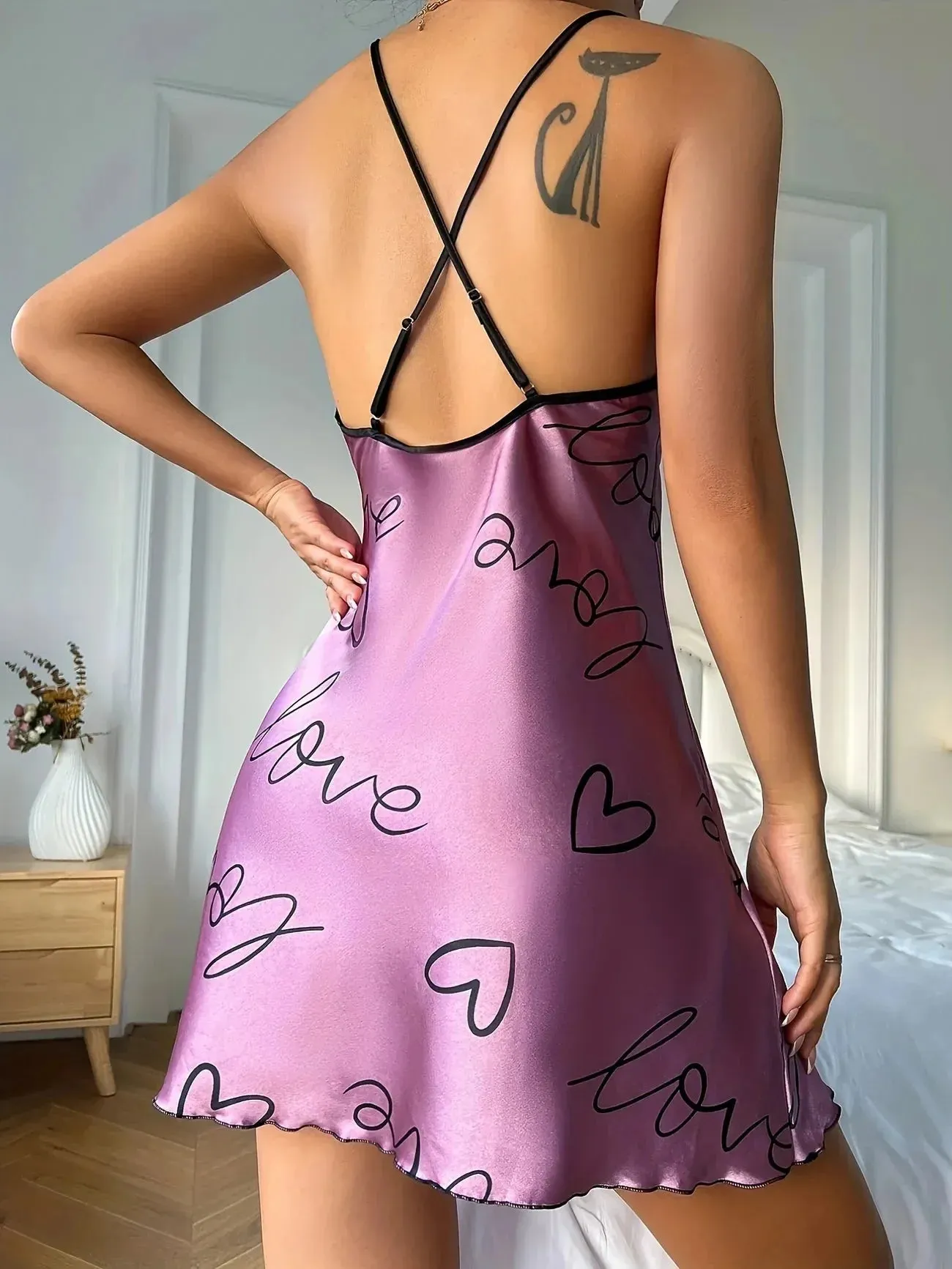 Amozae-nye outfits back to school dress  Love Heart Print Nightdress