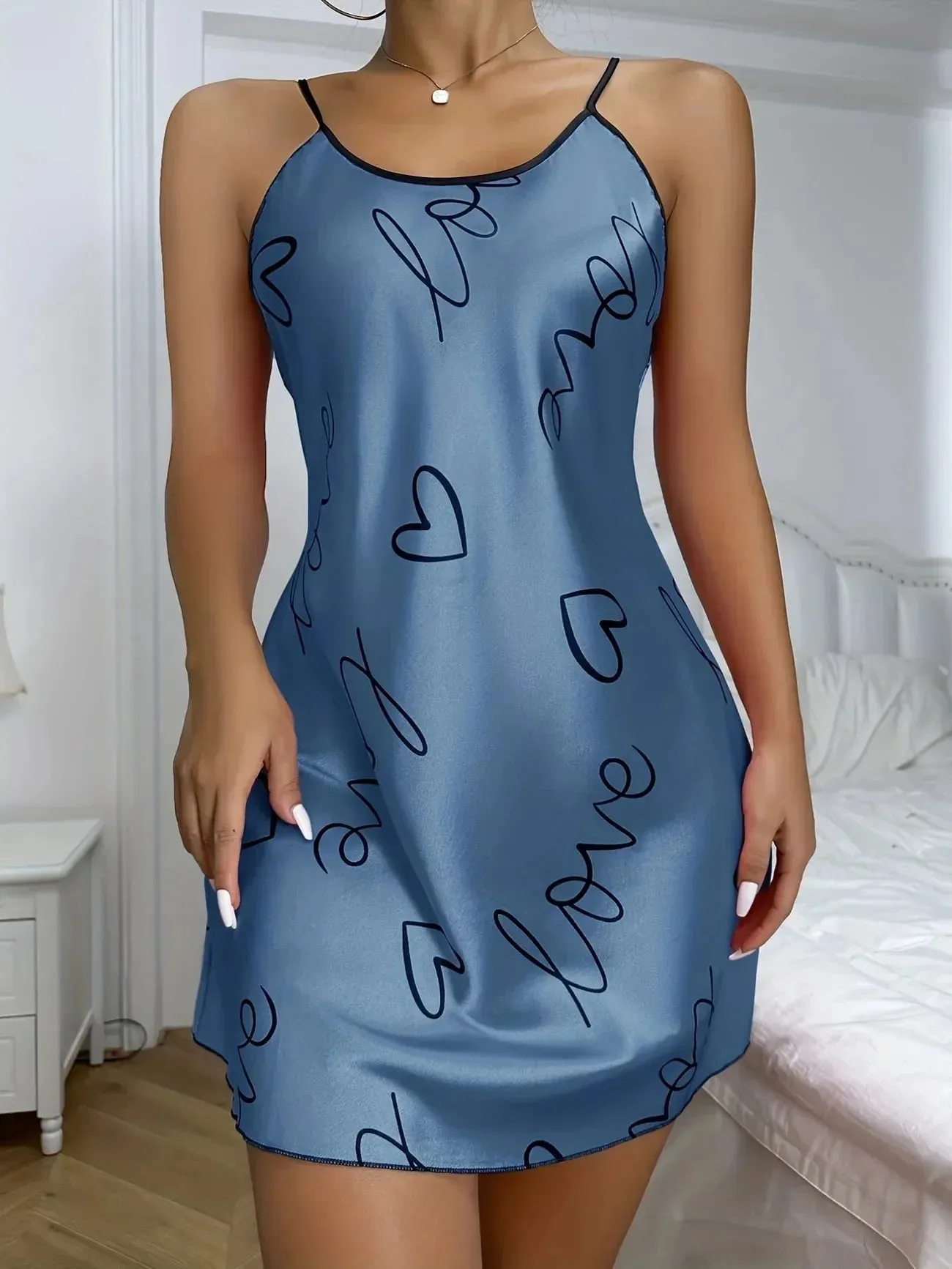 Amozae-nye outfits back to school dress  Love Heart Print Nightdress