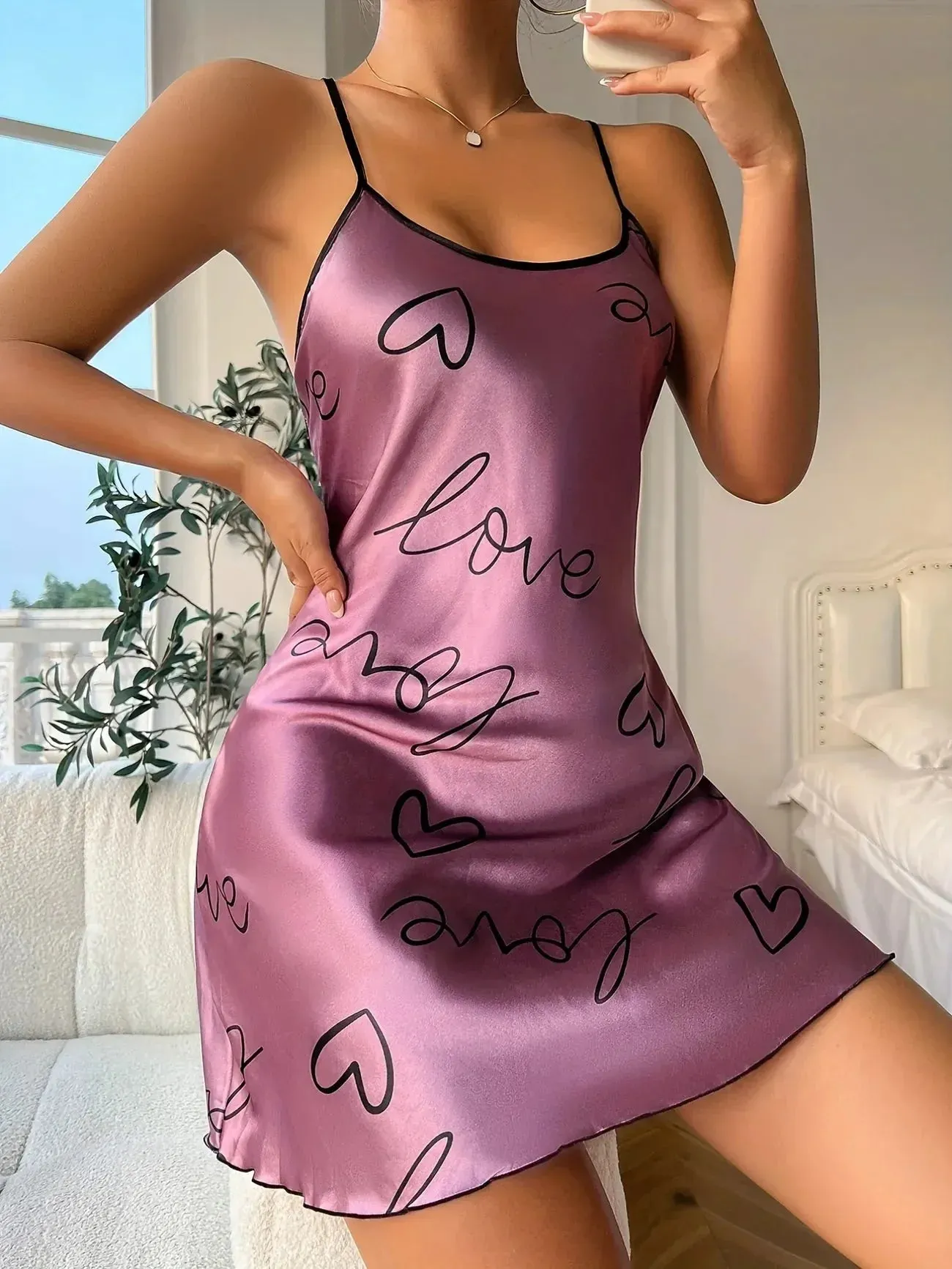 Amozae-nye outfits back to school dress  Love Heart Print Nightdress