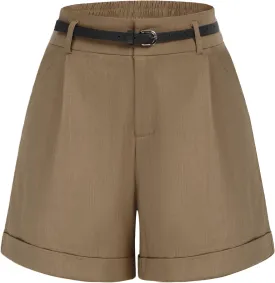 Belle Poque Women Bermuda Shorts Elastic Waist Wide Leg Shorts with Pockets & Belts