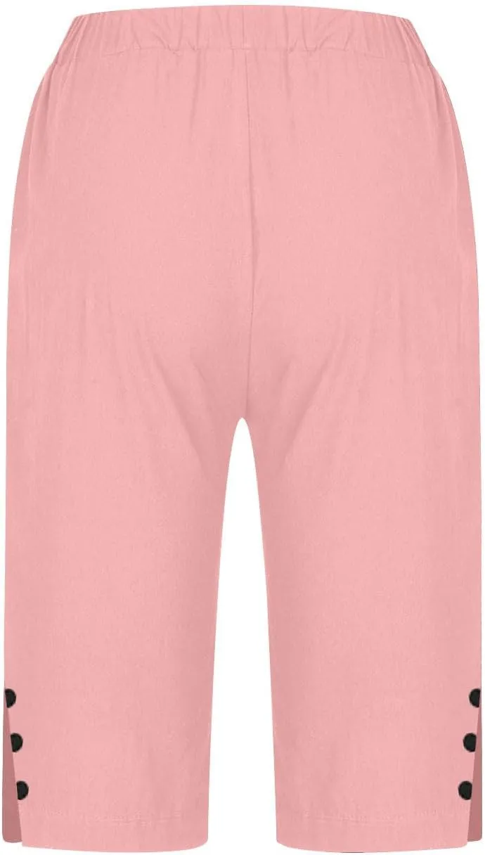 Bermuda Shorts for Women Knee Length Cotton Linen Shorts Casual Elastic Waisted Wide Leg Shorts Summer Beach Outfits
