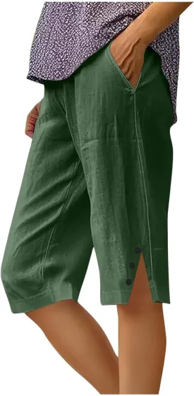 Bermuda Shorts for Women Knee Length Cotton Linen Shorts Casual Elastic Waisted Wide Leg Shorts Summer Beach Outfits