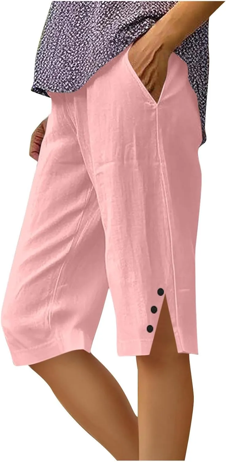 Bermuda Shorts for Women Knee Length Cotton Linen Shorts Casual Elastic Waisted Wide Leg Shorts Summer Beach Outfits