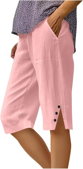 Bermuda Shorts for Women Knee Length Cotton Linen Shorts Casual Elastic Waisted Wide Leg Shorts Summer Beach Outfits