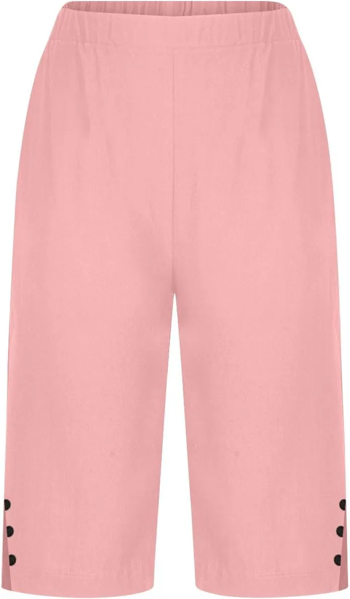 Bermuda Shorts for Women Knee Length Cotton Linen Shorts Casual Elastic Waisted Wide Leg Shorts Summer Beach Outfits