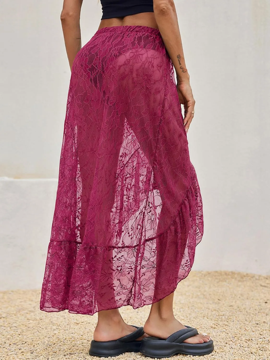 Cicy Bell Womens Lace Maxi Skirt Summer High Low Asymmetrical Sheer Y2K Sexy Beach Cover-up Long Skirts