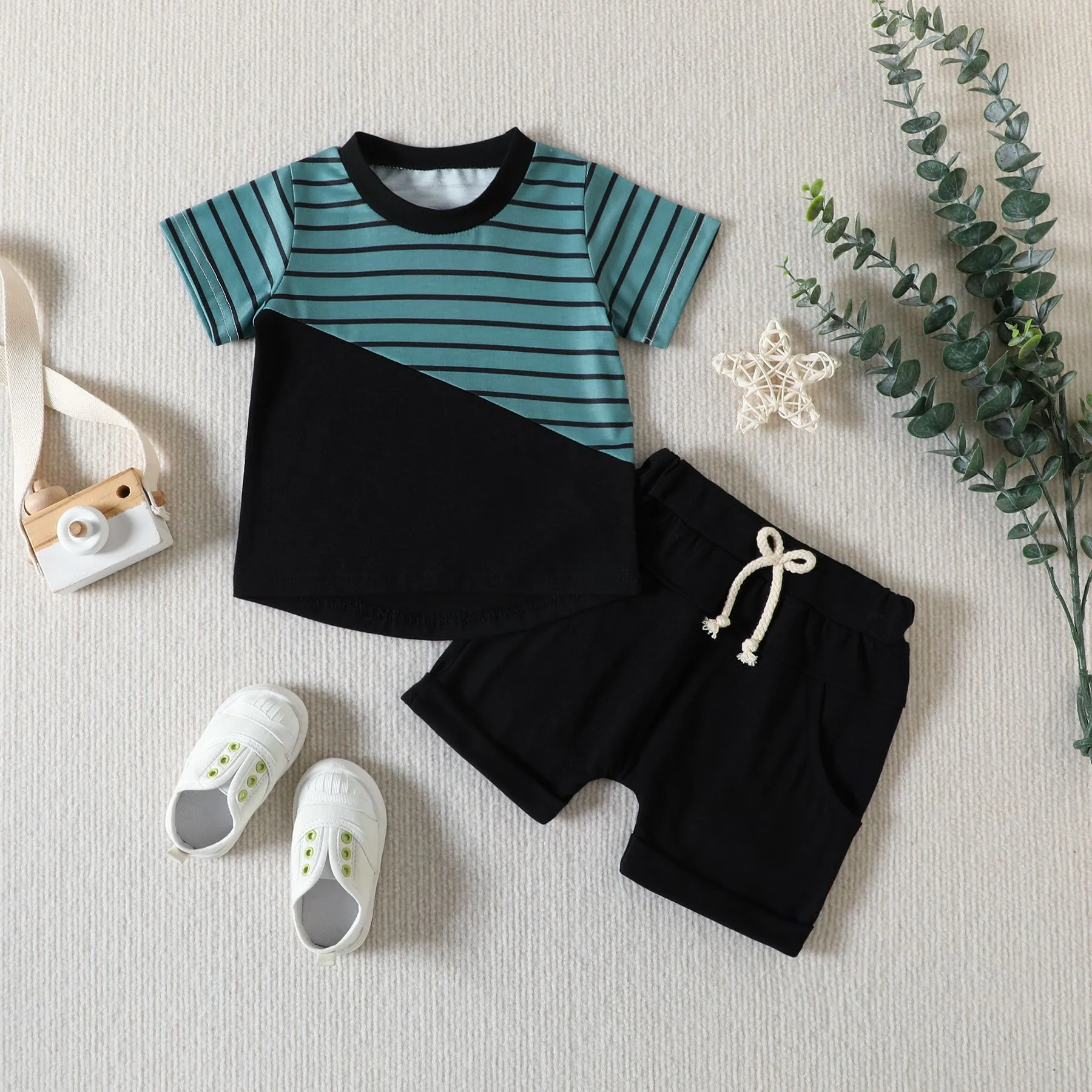 Color Block Striped Shirt and Shorts Set
