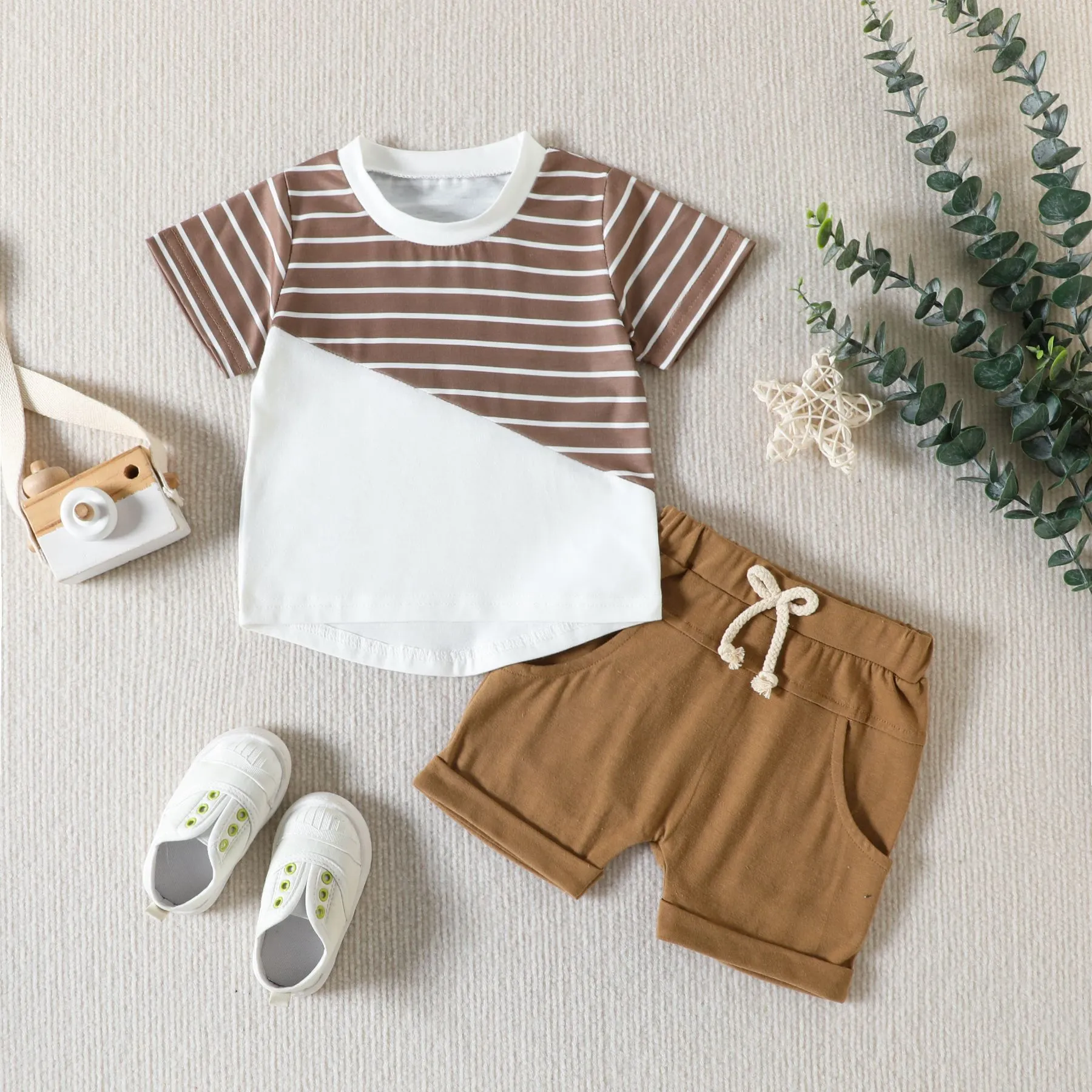 Color Block Striped Shirt and Shorts Set