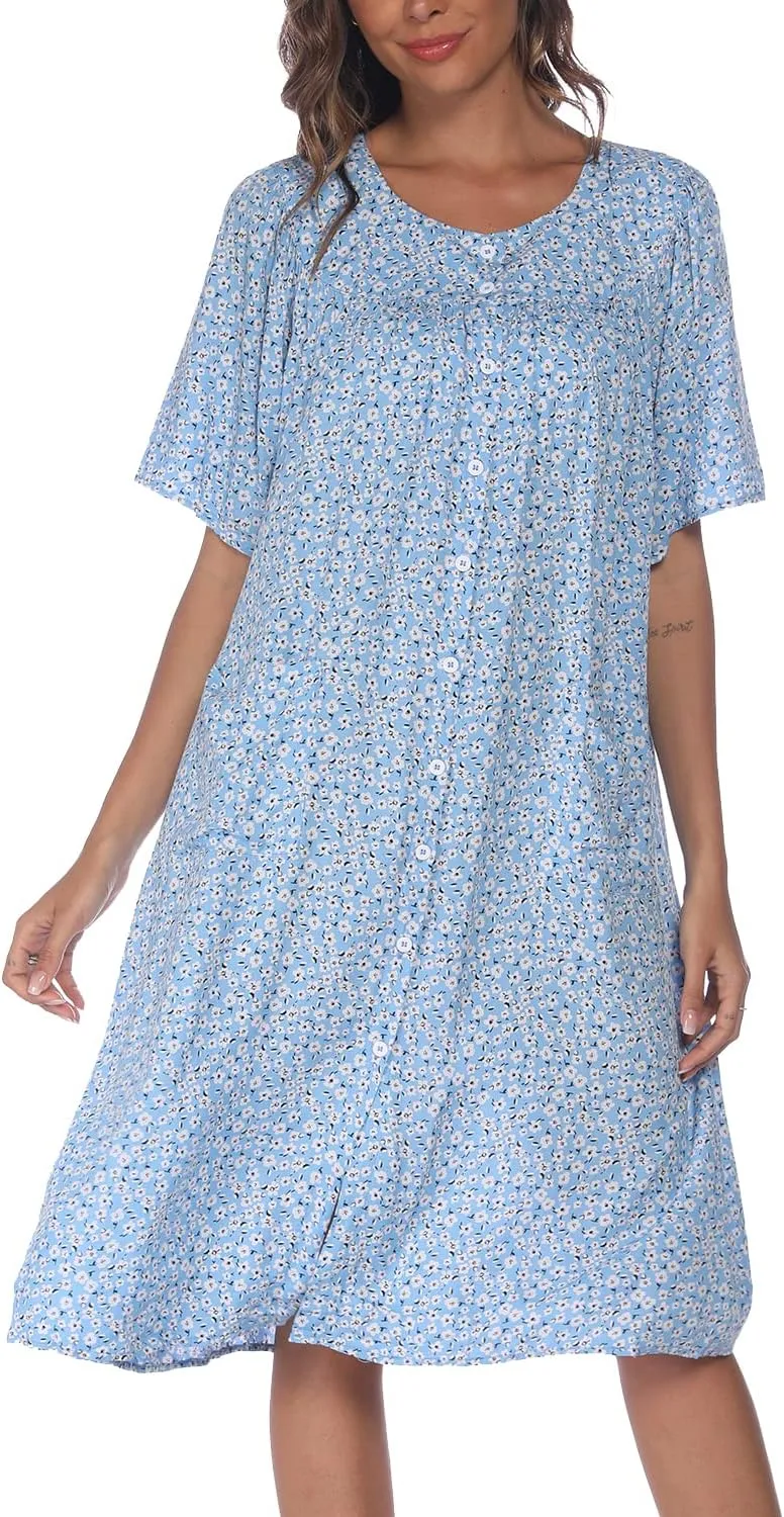 COSUNIONY House Dresses for Women Cotton Short Sleeve House Coat Buttons Down Dusters Robe with Pockets S-XXL