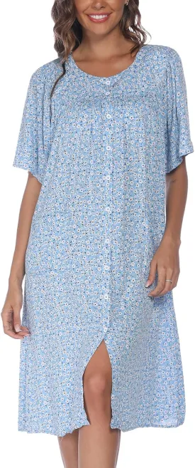COSUNIONY House Dresses for Women Cotton Short Sleeve House Coat Buttons Down Dusters Robe with Pockets S-XXL
