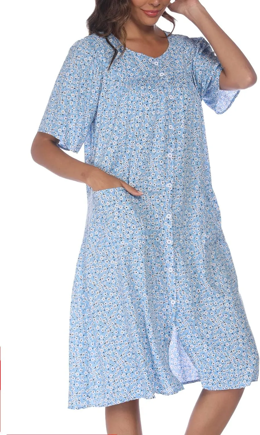 COSUNIONY House Dresses for Women Cotton Short Sleeve House Coat Buttons Down Dusters Robe with Pockets S-XXL