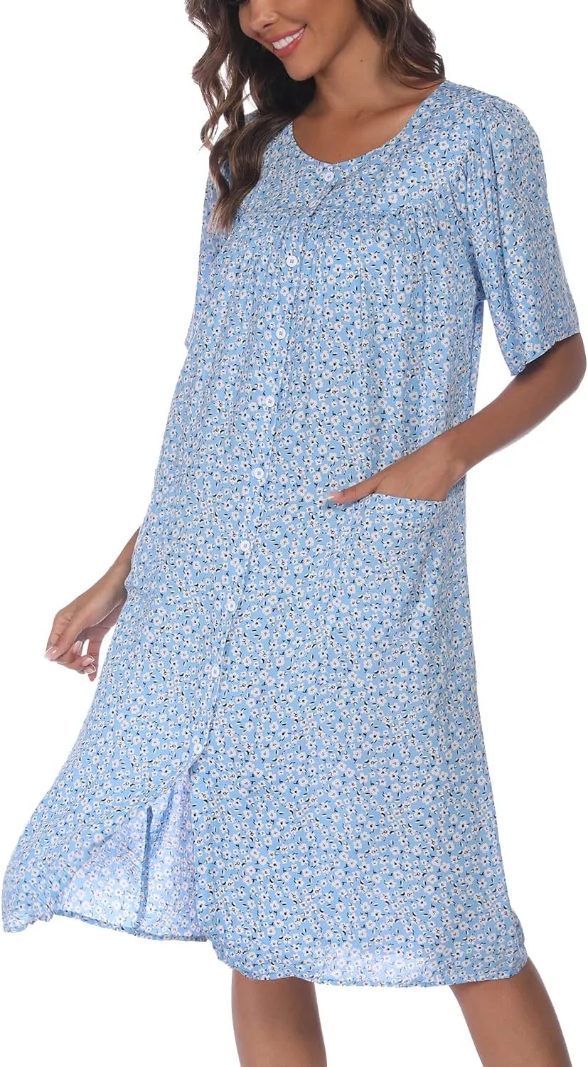 COSUNIONY House Dresses for Women Cotton Short Sleeve House Coat Buttons Down Dusters Robe with Pockets S-XXL