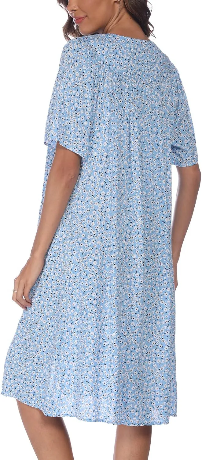 COSUNIONY House Dresses for Women Cotton Short Sleeve House Coat Buttons Down Dusters Robe with Pockets S-XXL