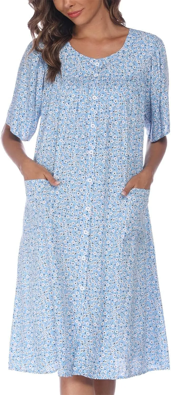 COSUNIONY House Dresses for Women Cotton Short Sleeve House Coat Buttons Down Dusters Robe with Pockets S-XXL