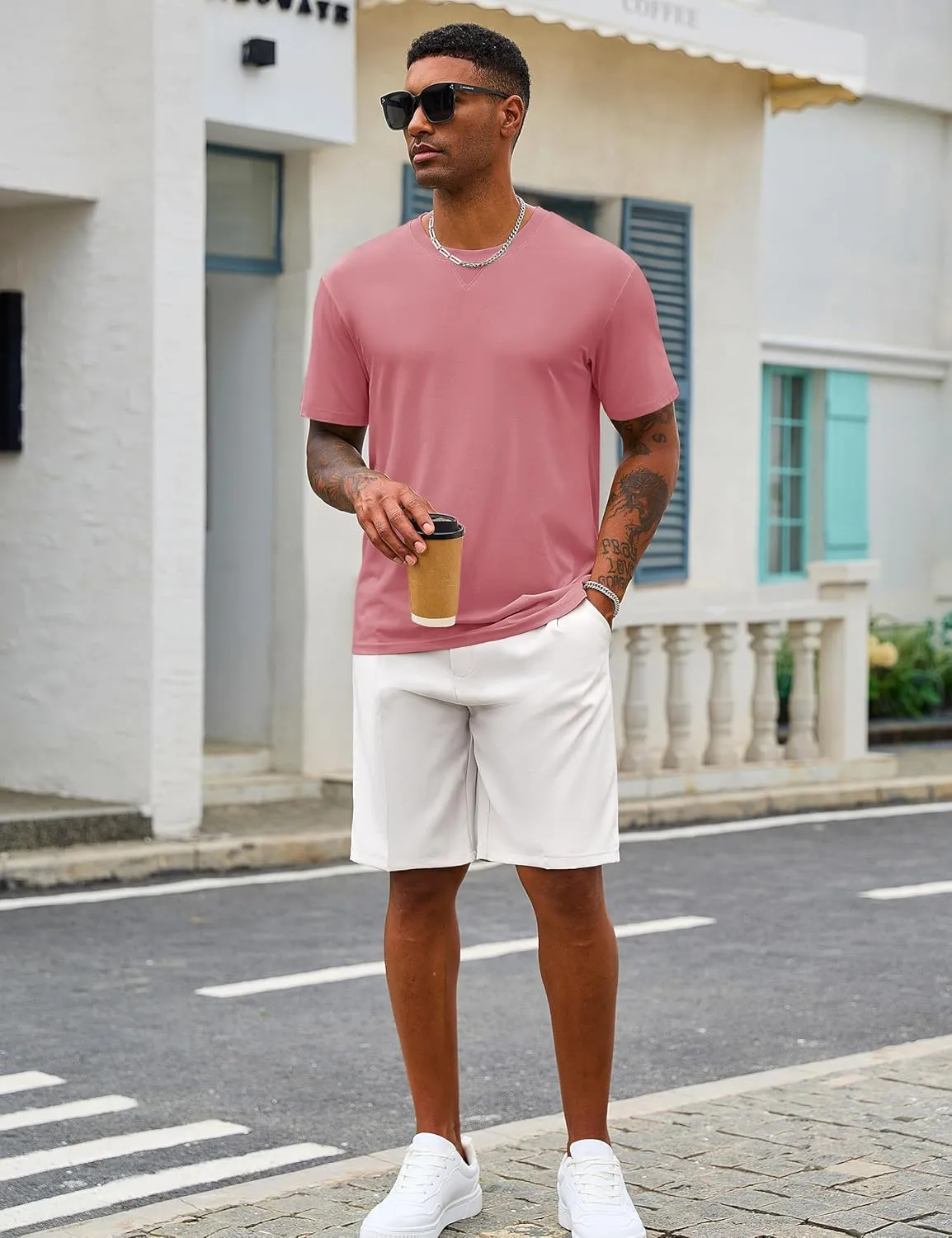 Cotrasen Mens T-Shirts Cotton UPF 50  Drop Shoulder Short Sleeve Tshirts Summer Casual Crew Neck Soft Loose Fit Tee Shirts