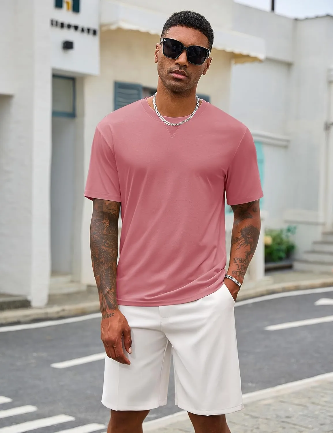 Cotrasen Mens T-Shirts Cotton UPF 50  Drop Shoulder Short Sleeve Tshirts Summer Casual Crew Neck Soft Loose Fit Tee Shirts