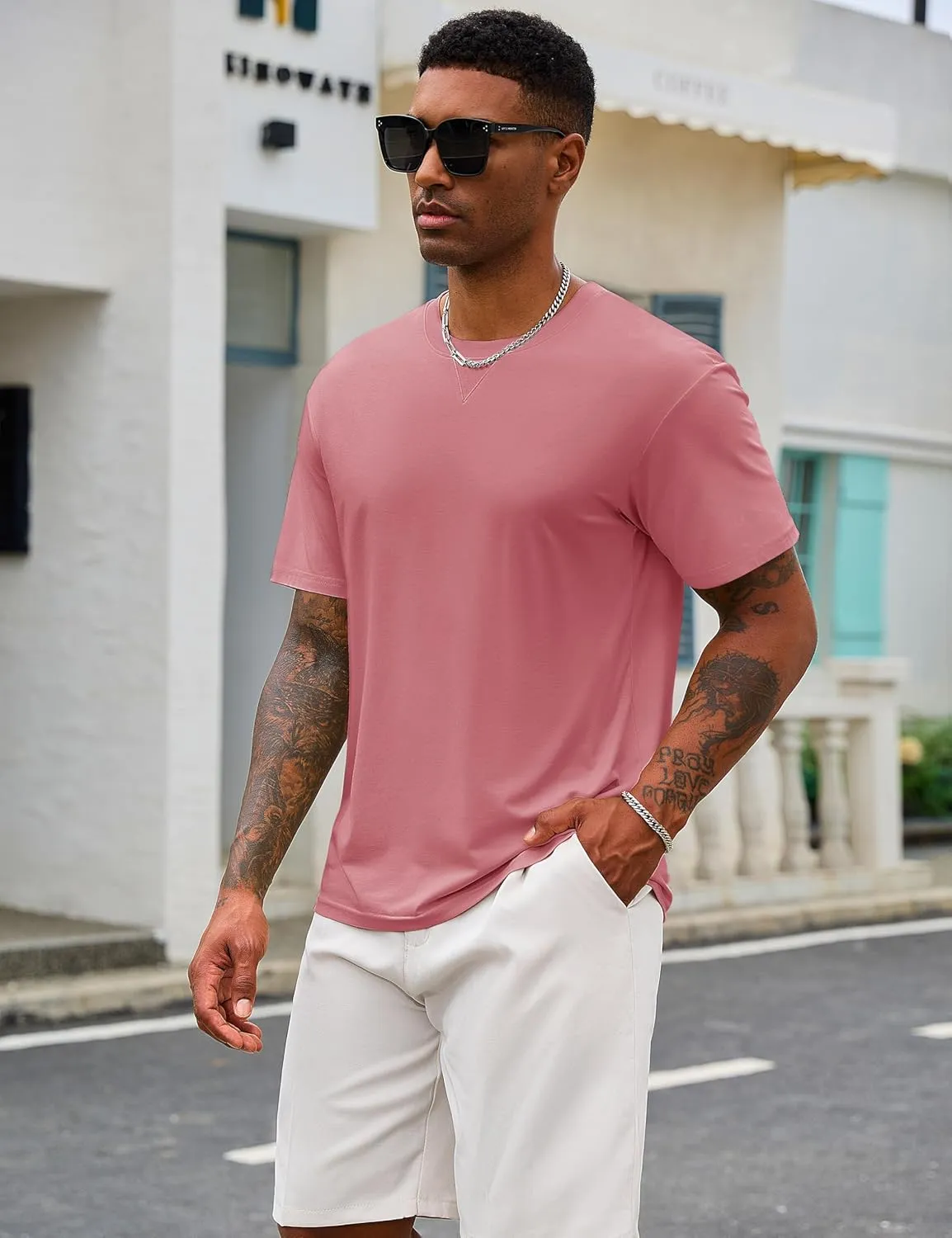 Cotrasen Mens T-Shirts Cotton UPF 50  Drop Shoulder Short Sleeve Tshirts Summer Casual Crew Neck Soft Loose Fit Tee Shirts