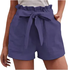 Cotton Linen Shorts for Women Summer 2024 Casual Tie Waist Wide Leg Lounge Shorts Beach Vacation Paperbag Shorts