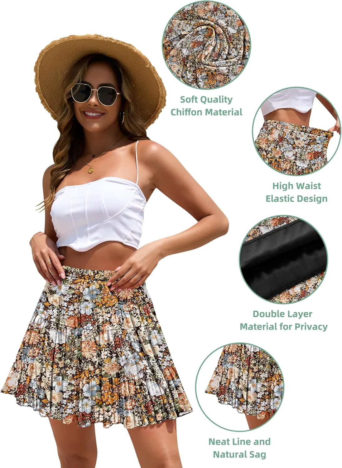 CYiNu Short Skirts for Women Summer Boho Flowy A Line Chiffon Tiered Pleated Mini Skirt