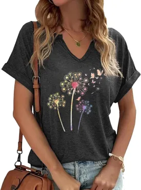 Dandelion Shirts Women's Cute V Neck Sunflower Wildflower Flower Lovers Graphic Casual Printed Tee Tops