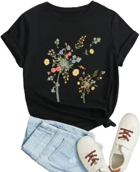 Dandelion Shirts Women's Cute V Neck Sunflower Wildflower Flower Lovers Graphic Casual Printed Tee Tops