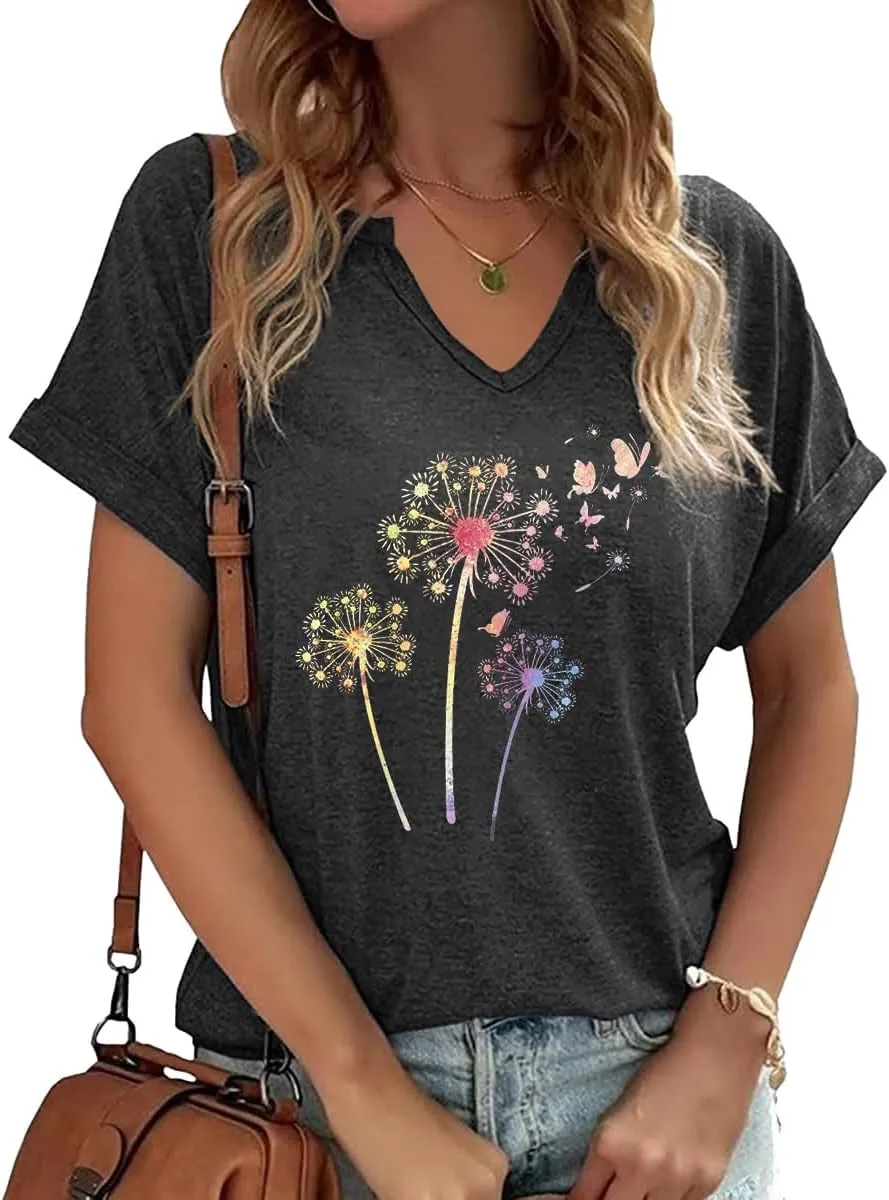 Dandelion Shirts Women's Cute V Neck Sunflower Wildflower Flower Lovers Graphic Casual Printed Tee Tops