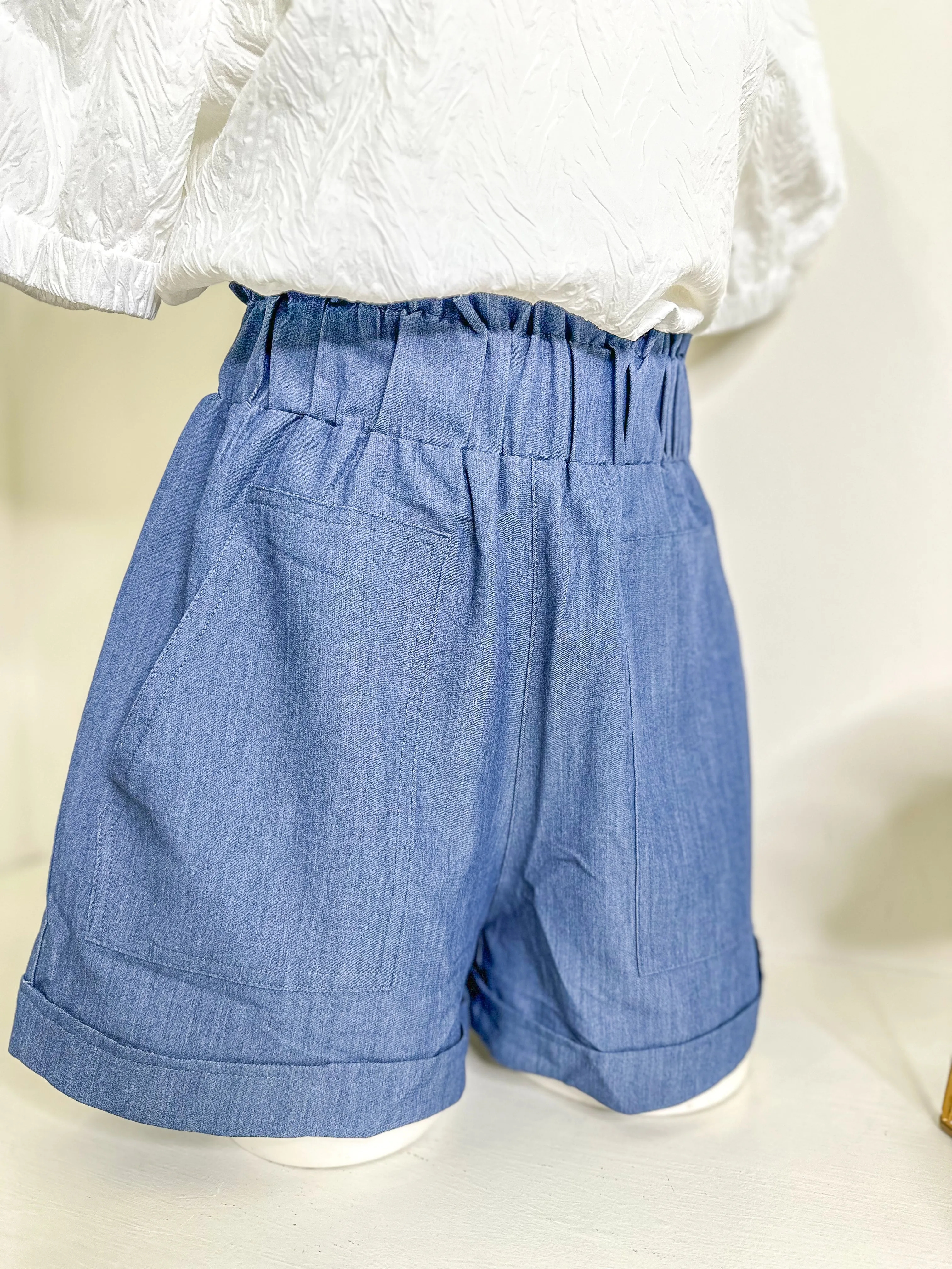 Denim Blue High-Waisted Ruffle Elastic Shorts