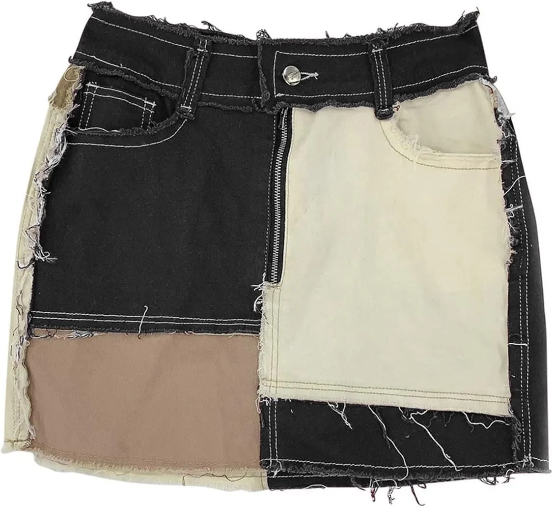 Denim Skirt for Women Mid Rise Waist Stretch Button Down Mini Skirt Color Block Patchwork Ripped Jean Skirts