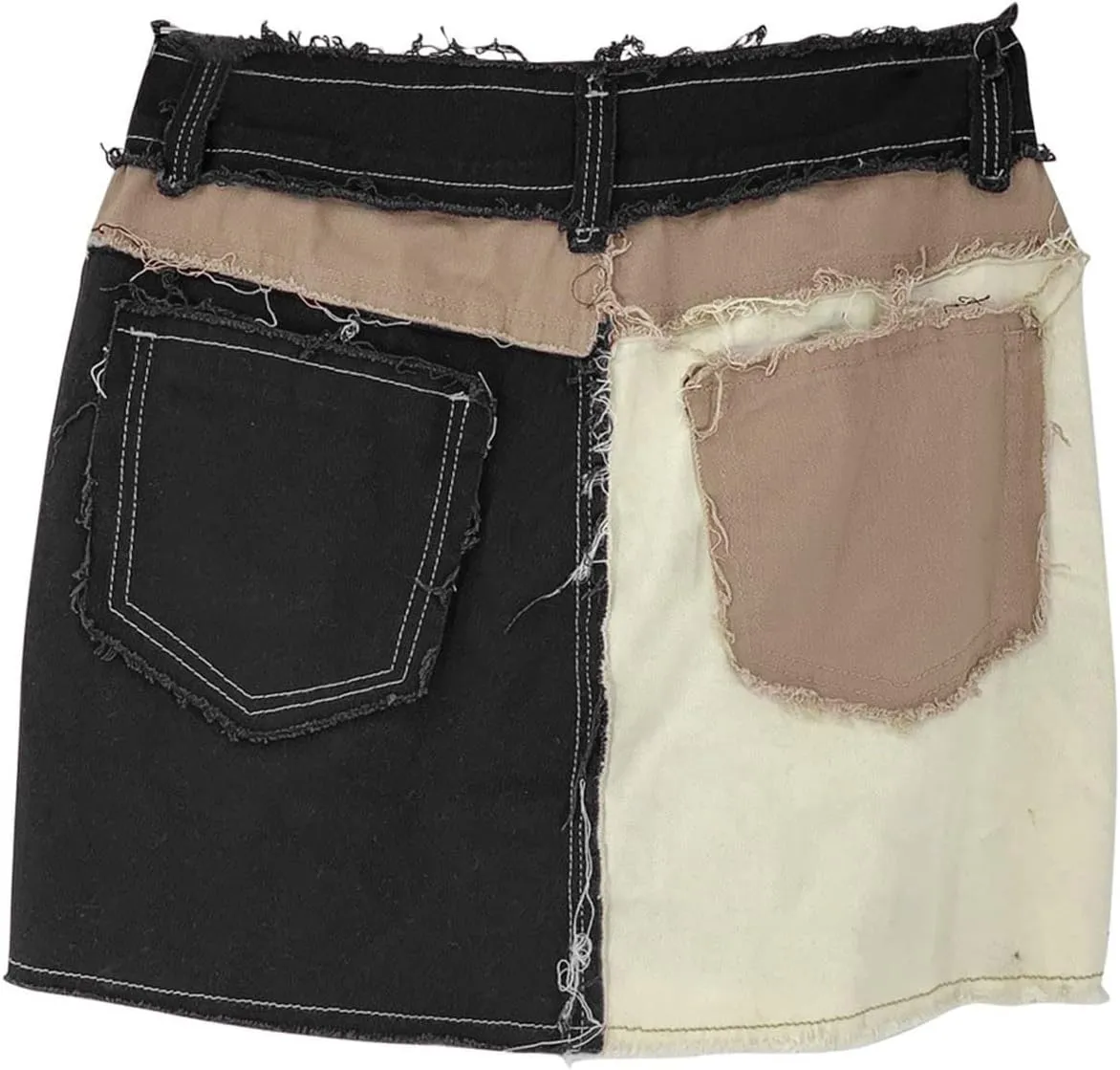 Denim Skirt for Women Mid Rise Waist Stretch Button Down Mini Skirt Color Block Patchwork Ripped Jean Skirts