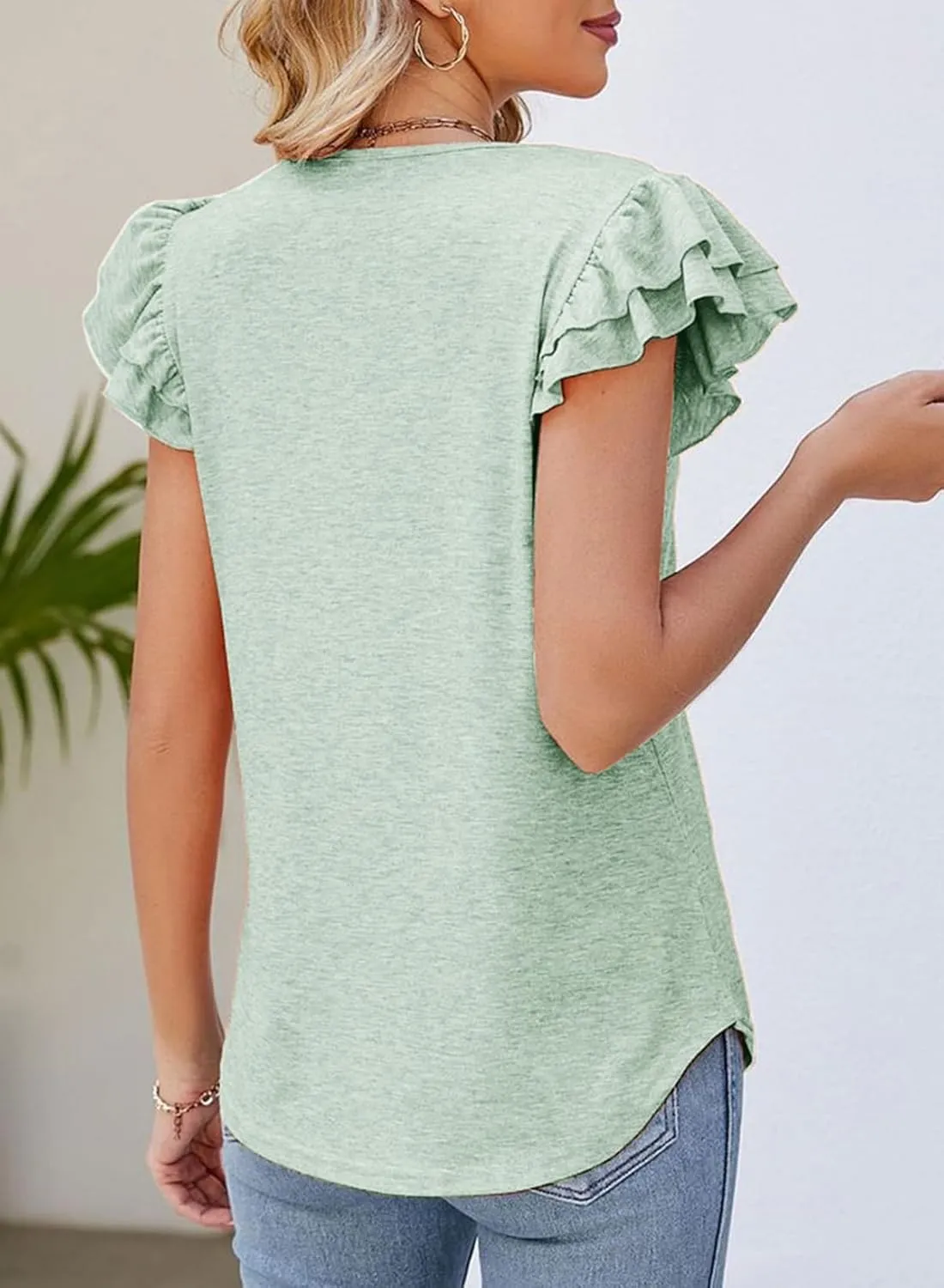 Dokotoo Women's Casual Ruffle Short Sleeve Tops Cute Solid Color Knit Ribbed T Shirts Blouses