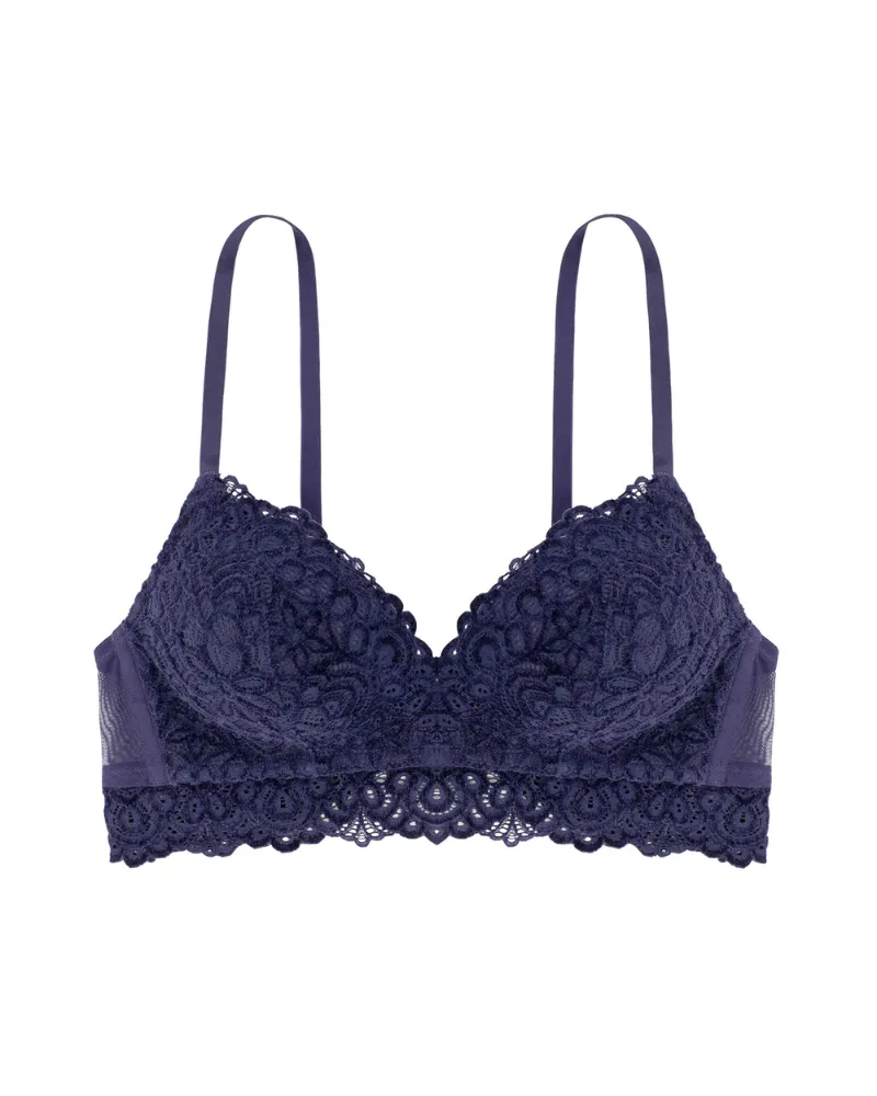 Dorina Ink Blue Velvet Lace Wire Free Molded Bra & Panty Set