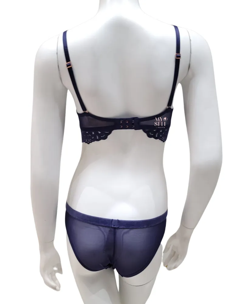 Dorina Ink Blue Velvet Lace Wire Free Molded Bra & Panty Set