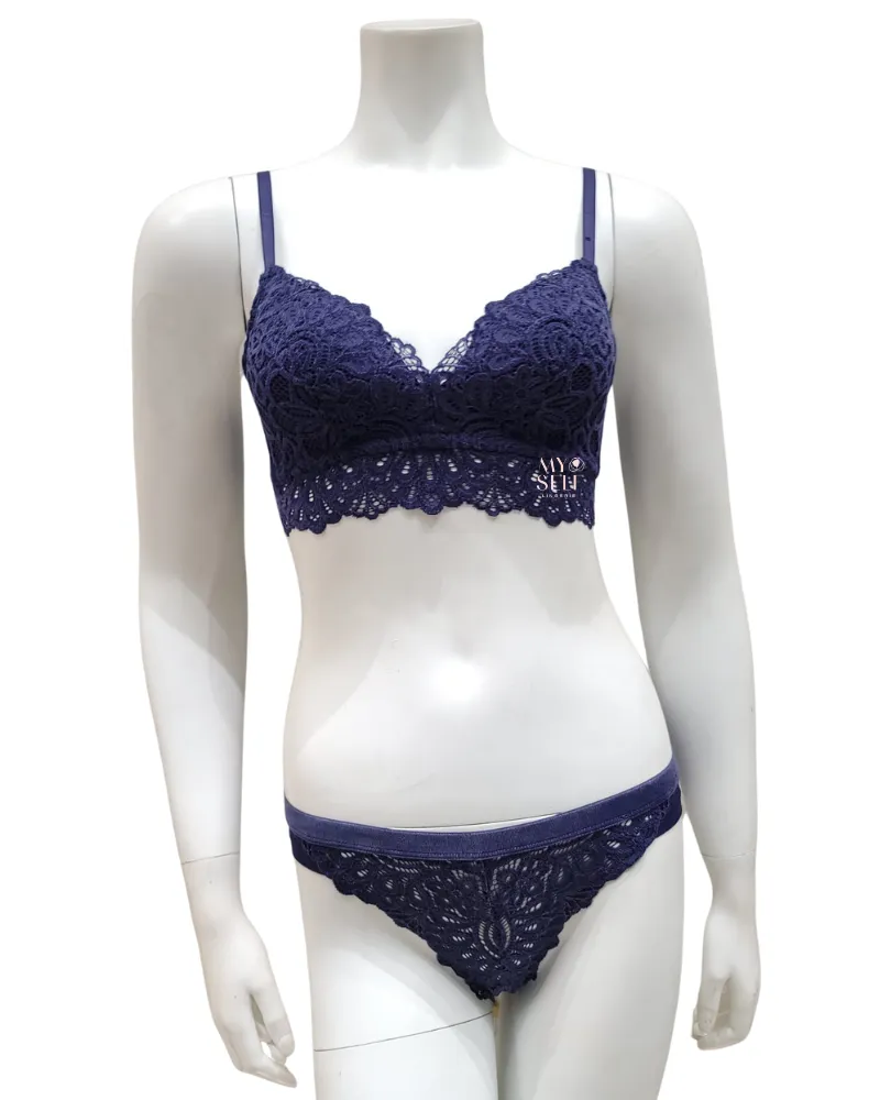 Dorina Ink Blue Velvet Lace Wire Free Molded Bra & Panty Set