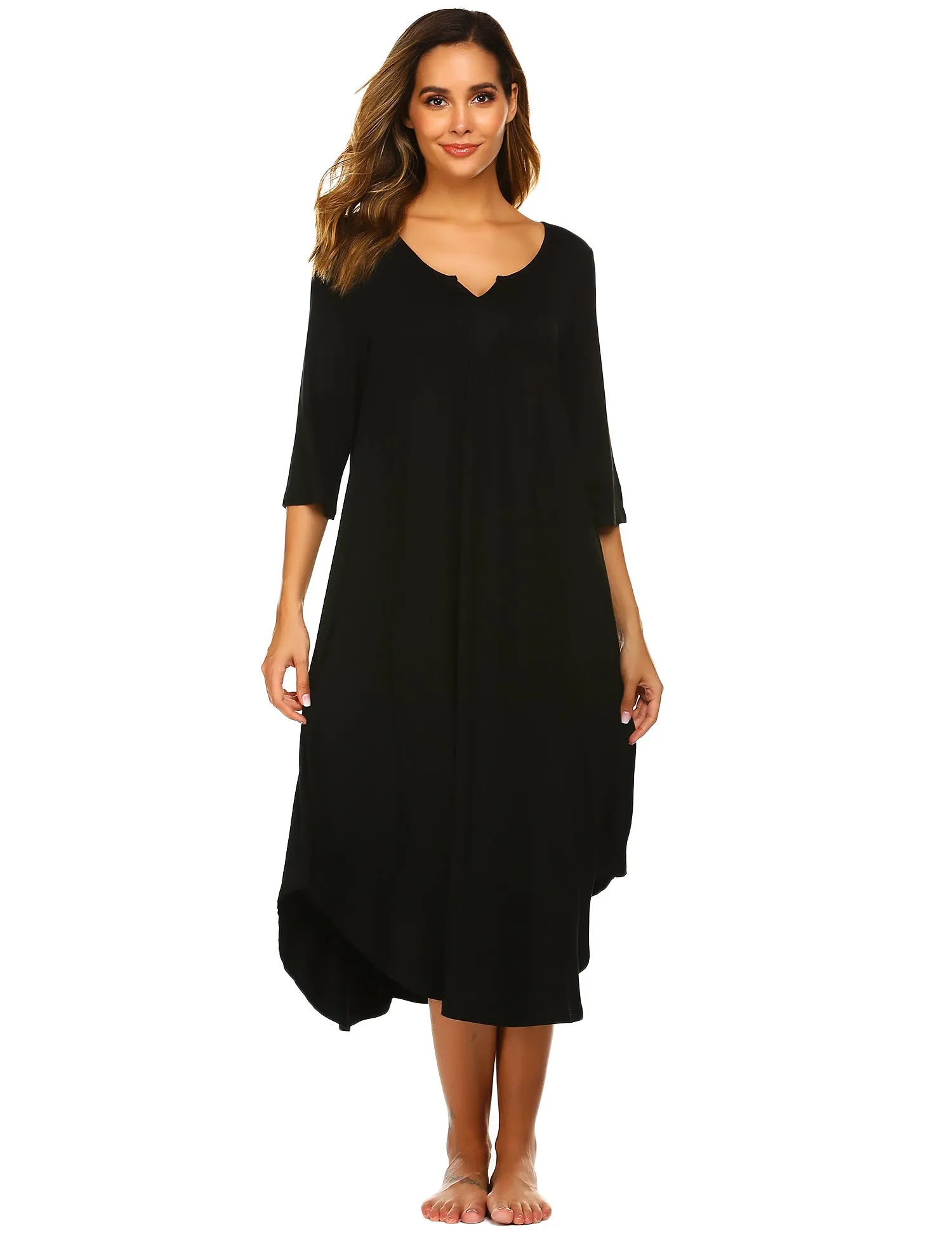 Ekouaer 3/4 Sleeve Asymmetrical Hem Nightdress (US Only)