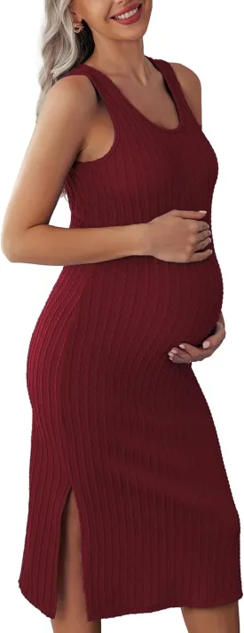 Ekouaer Women's Maternity Dress Rib Knit Sleeveless Tank Side Slit Bodycon Dresses Pregnancy Clothes S-XXL