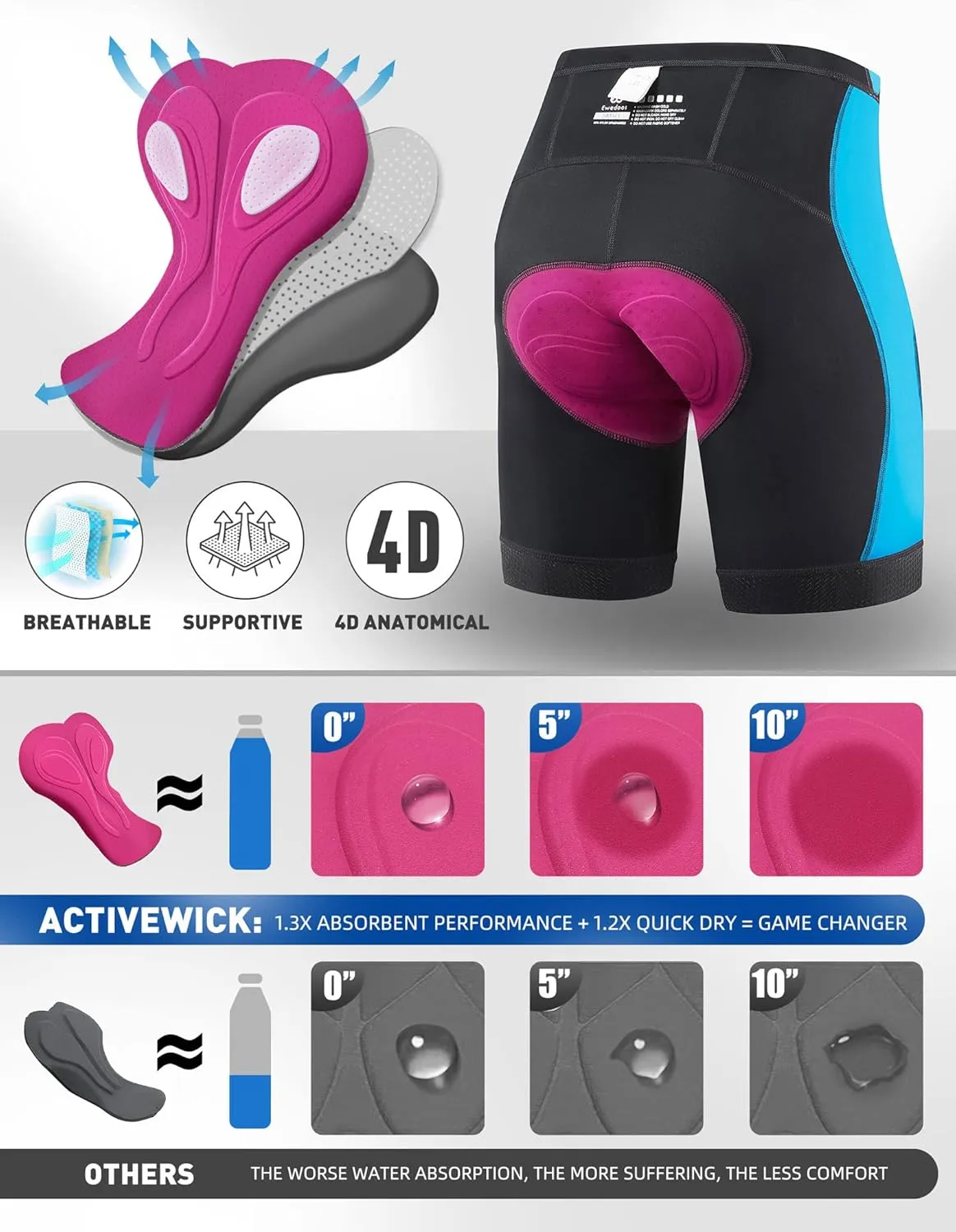 Ewedoos Padded Bike Shorts Women 4D Padding Cycling Shorts with Pocket Road Mountain Ride Womens Biking Bicycle Biker Shorts