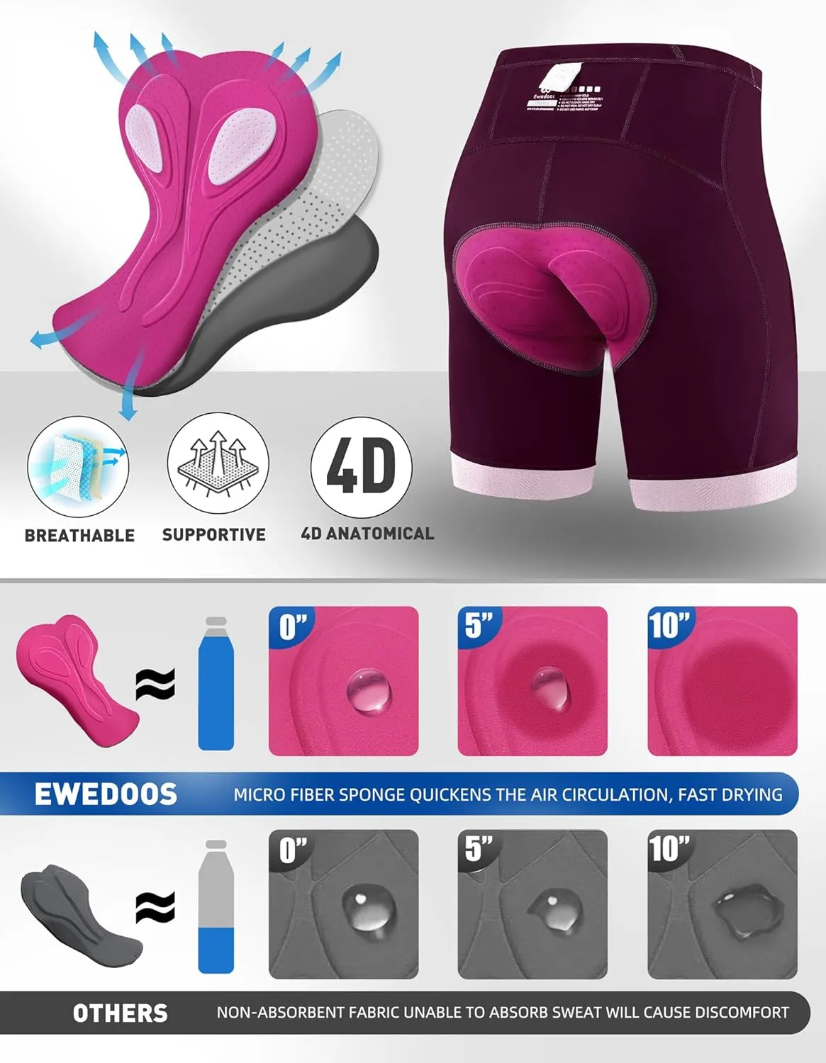 Ewedoos Padded Bike Shorts Women 4D Padding Cycling Shorts with Pocket Road Mountain Ride Womens Biking Bicycle Biker Shorts