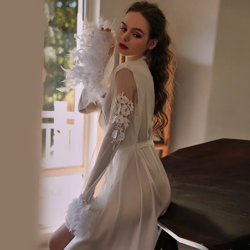 Feather Long Mesh Pajama Robe