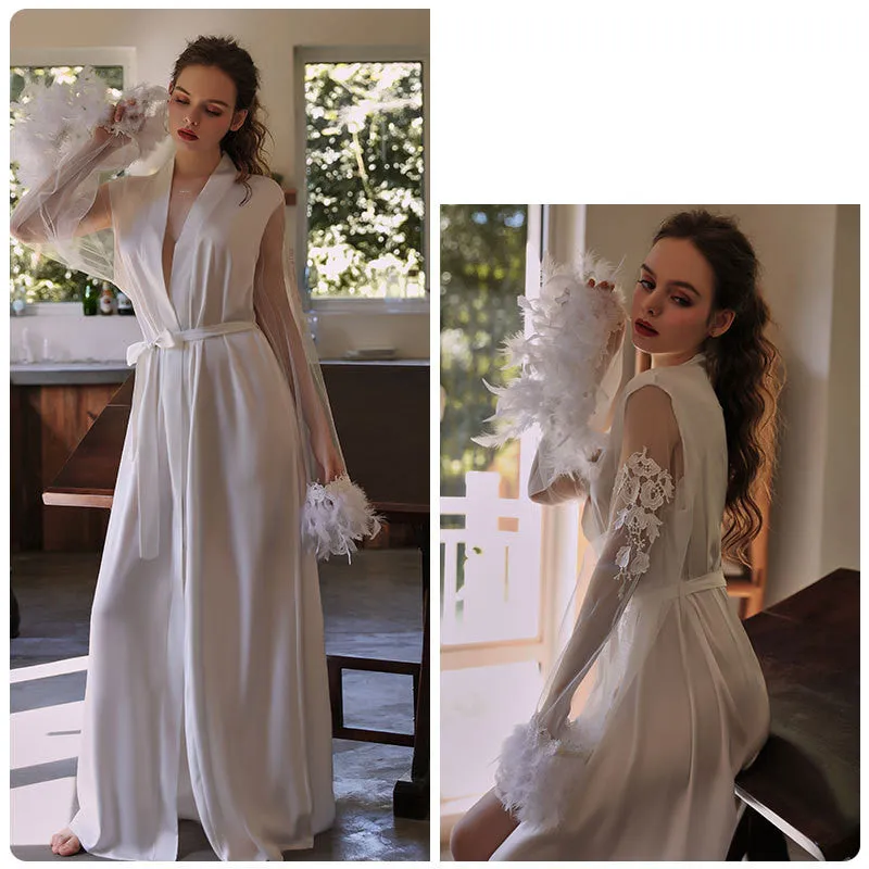 Feather Long Mesh Pajama Robe
