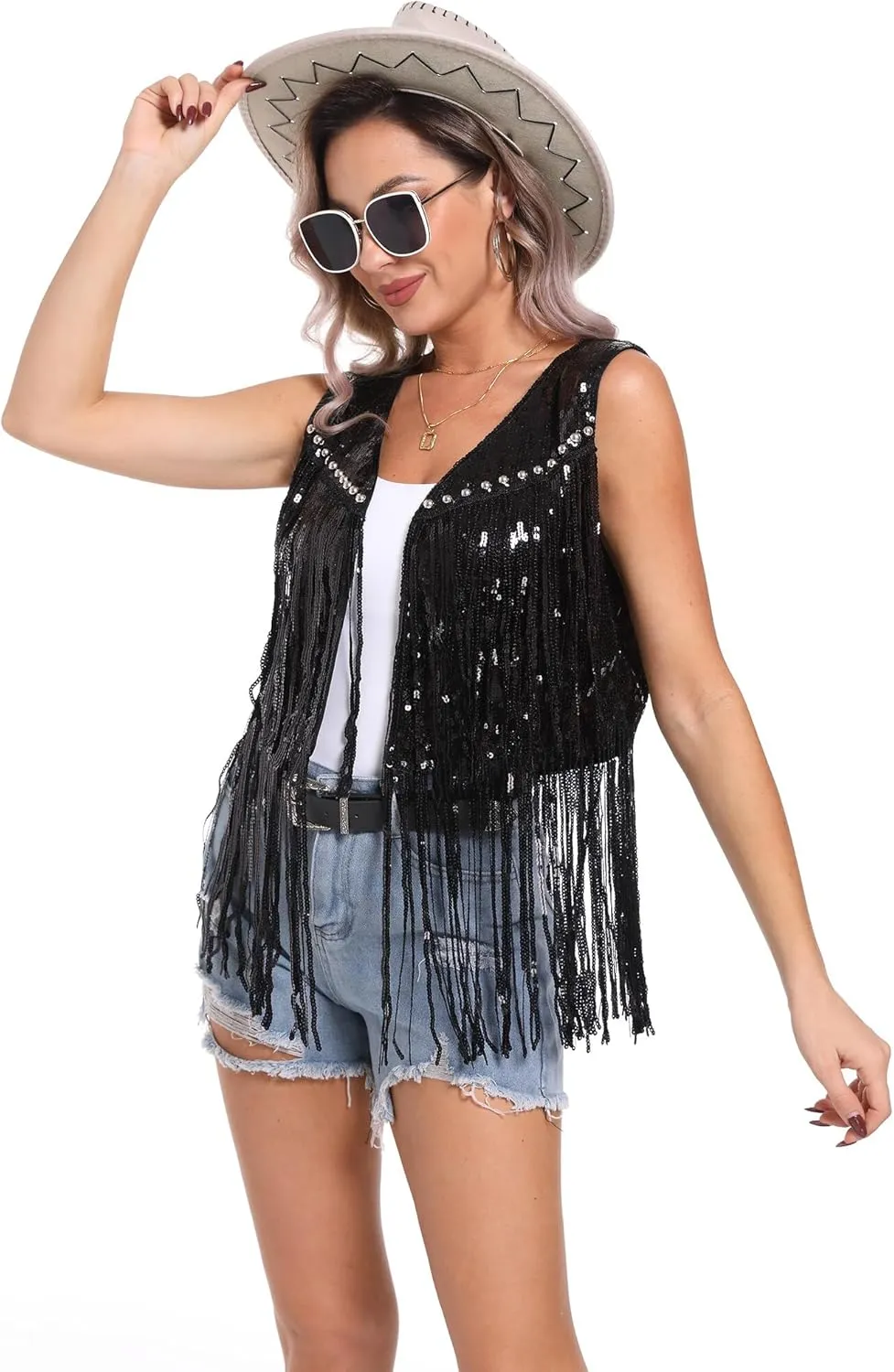 FEOYA Women Sequins Fringe Vest Glitter Sparkly Sleeveless Jacket 70s Open Front Tassel Vest