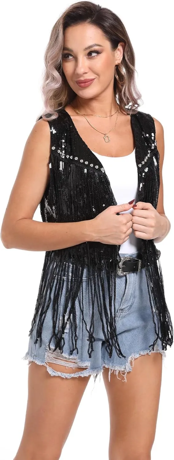 FEOYA Women Sequins Fringe Vest Glitter Sparkly Sleeveless Jacket 70s Open Front Tassel Vest