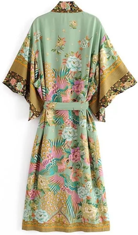 Floral Print Bat Sleeve Beach Kimono Robe for Women Ladies V Neck Tassel Dress Boho Cover Up