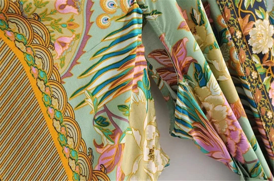 Floral Print Bat Sleeve Beach Kimono Robe for Women Ladies V Neck Tassel Dress Boho Cover Up