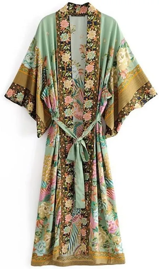 Floral Print Bat Sleeve Beach Kimono Robe for Women Ladies V Neck Tassel Dress Boho Cover Up
