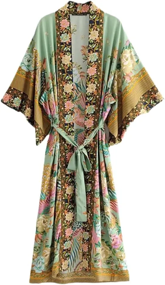 Floral Print Bat Sleeve Beach Kimono Robe for Women Ladies V Neck Tassel Dress Boho Cover Up