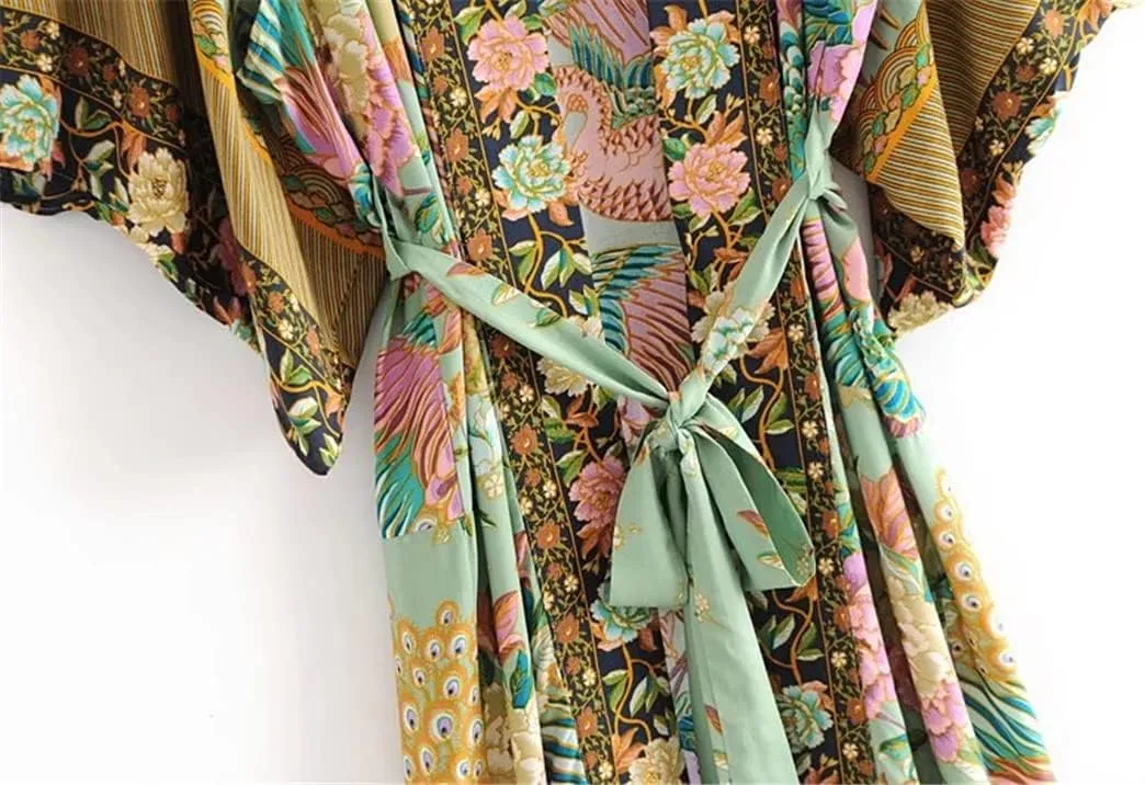 Floral Print Bat Sleeve Beach Kimono Robe for Women Ladies V Neck Tassel Dress Boho Cover Up