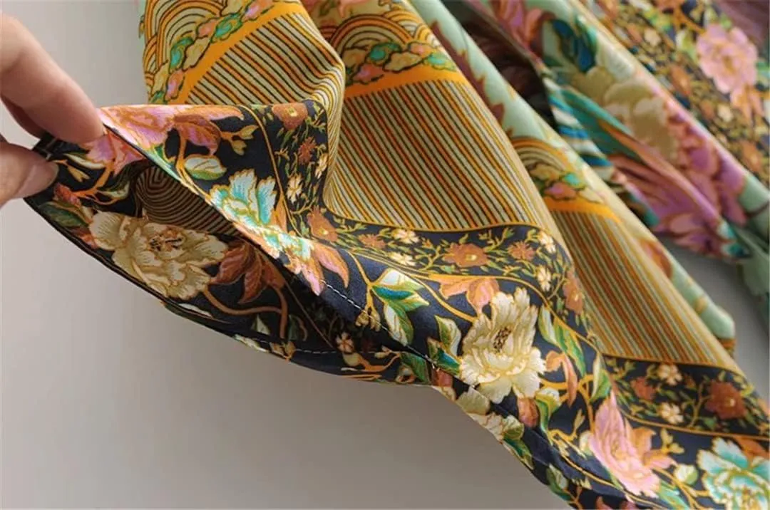 Floral Print Bat Sleeve Beach Kimono Robe for Women Ladies V Neck Tassel Dress Boho Cover Up